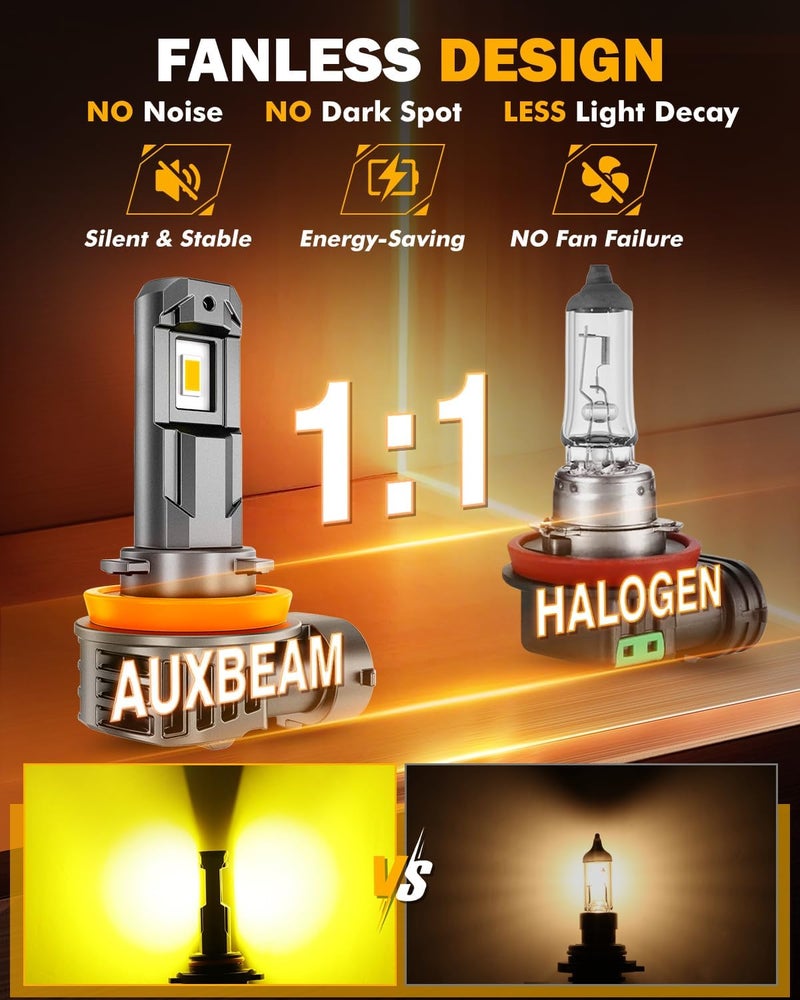 Auxbeam مصابيح الضباب H11 H8 H9، 3000K أصفر ذهبي، 12000LM سطوع فائق 600%، رؤية محسّنة للضباب والطرق الوعرة، توصيل وتشغيل، عبوة من 2 - Image 4